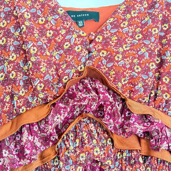 En Saison Burgundy Dress,Purple Floral Print Ruffled Boho Dress Romantic XS - Picture 5 of 7